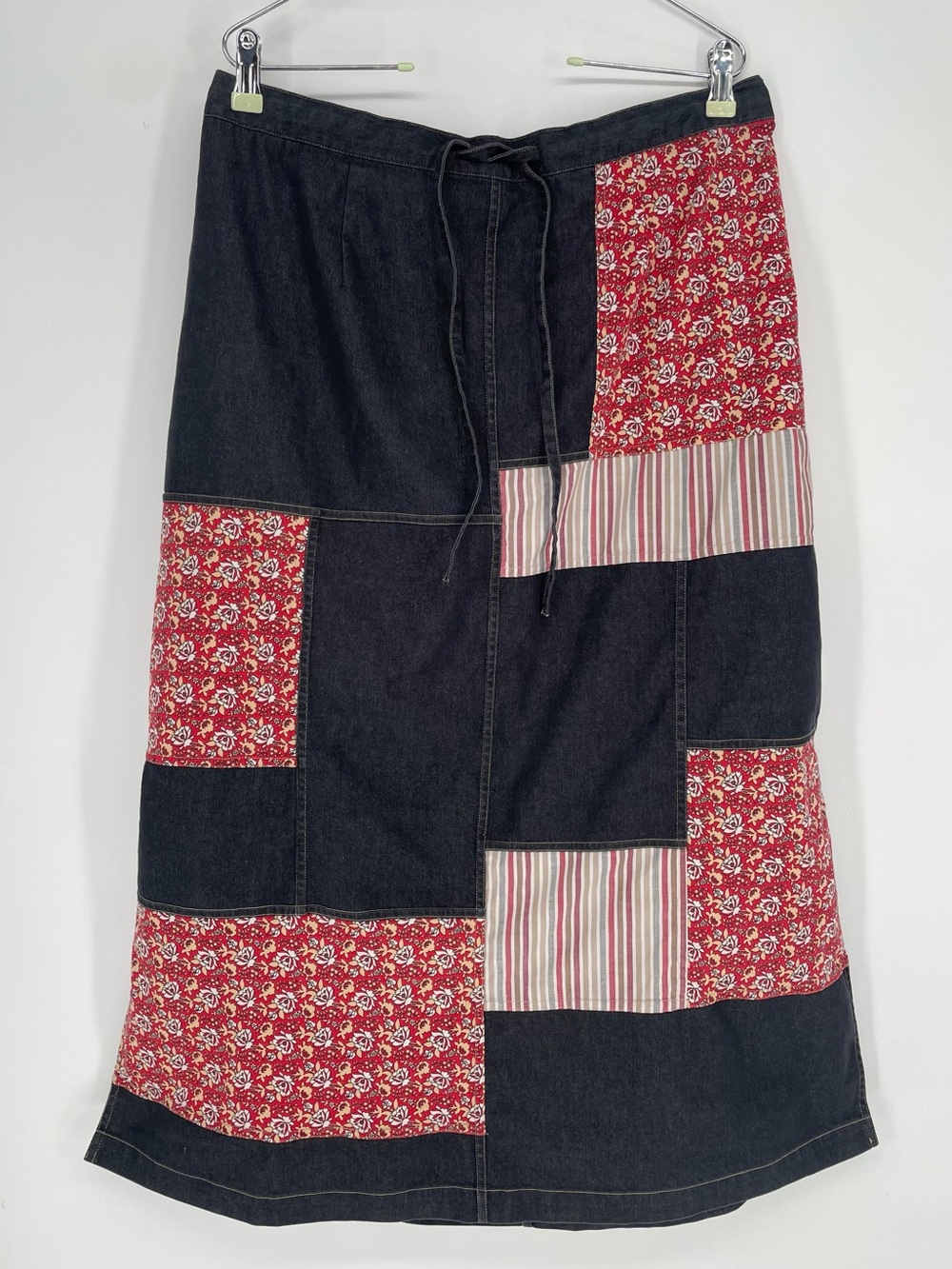 80s 90s Koos Of Course! Patchwork Denim Style Midi Skirt Elastic Waist Cotton - Picture 4 of 15